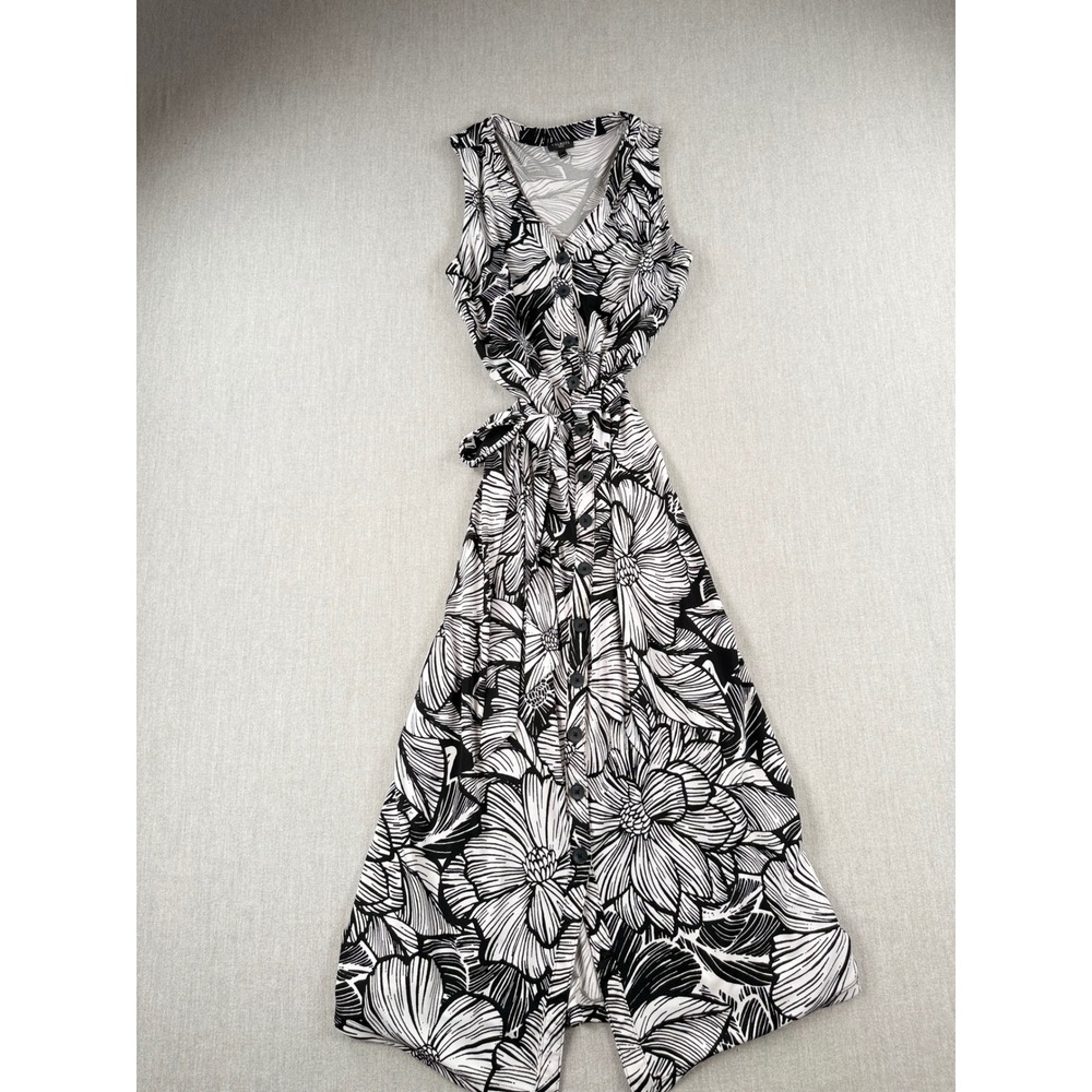 Talbots Petite Sleeveless Floral Button Front Midi Dress Black White LP